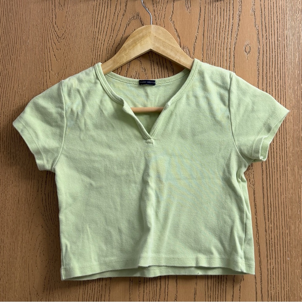 Brandy Melville Light Green Short Sleeve V-Notch Tee